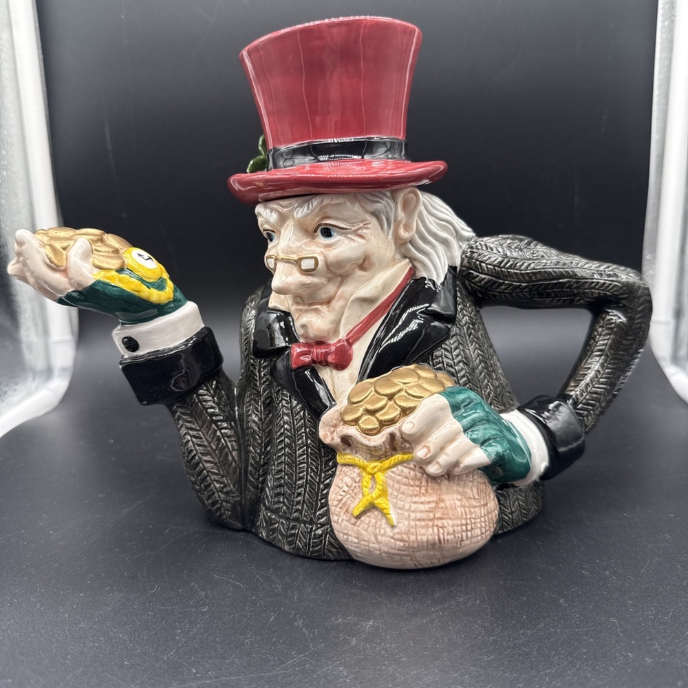 RARE Fitz & Floyd Ebenezer Scrooge Teapot 2 Piece Set Coins & Money Bag Vintage